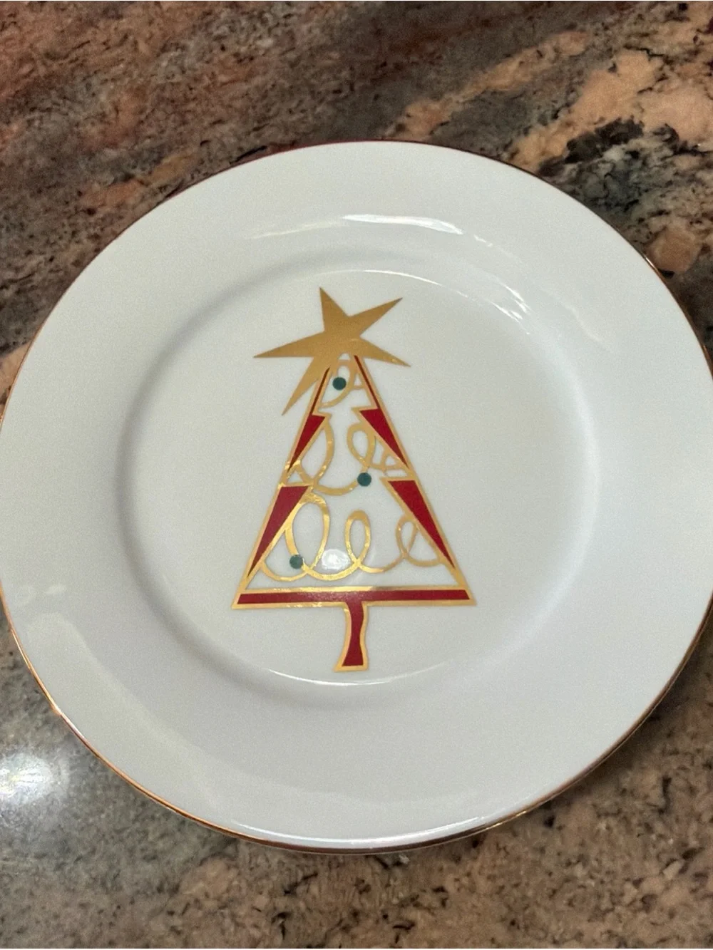 Set of 4 Pier 1 Christmas Tree Holiday Salad Plates 7.5” Green Red Gold Star